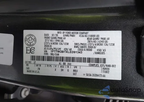 2020 Ford F-250 Platinum z USA, uszkodzony, nr VIN 1FT7W2BTXLED91343